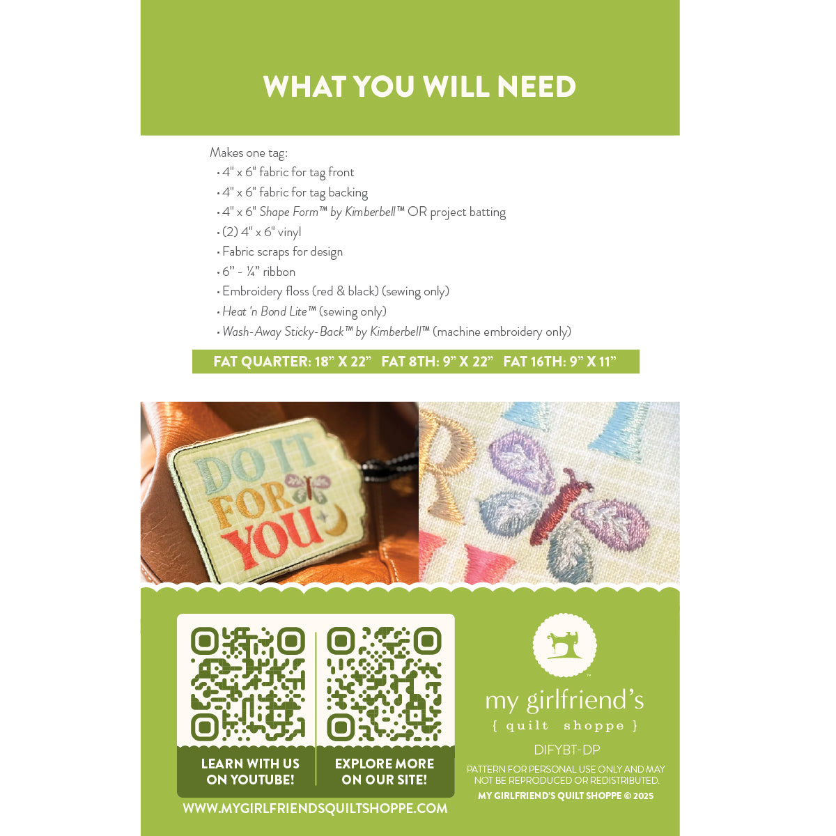 Instructions for creating a fabric tag with embroidered design, featuring a QR code and branding at the bottom.