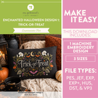 Promotional graphic for a downloadable embroidery design titled 'Enchanted Halloween Design 1: Trick-or-Treat.' The left side shows a styled fall scene with a black pillow featuring the embroidered design, pumpkins, a mug, and blankets.
