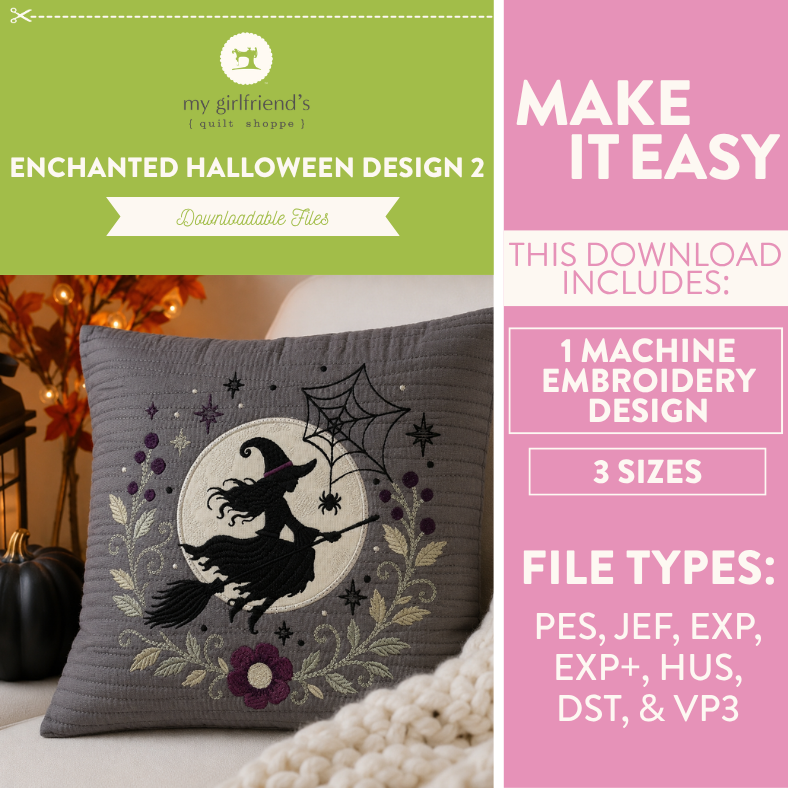 Promotional graphic for a downloadable embroidery design titled 'Enchanted Halloween Design 2' by my girlfriend's quilt shoppe. The design shown is a square gray pillow with a witch riding a broomstick in front of a moon, surrounded by spiderwebs, stars, and floral elements.