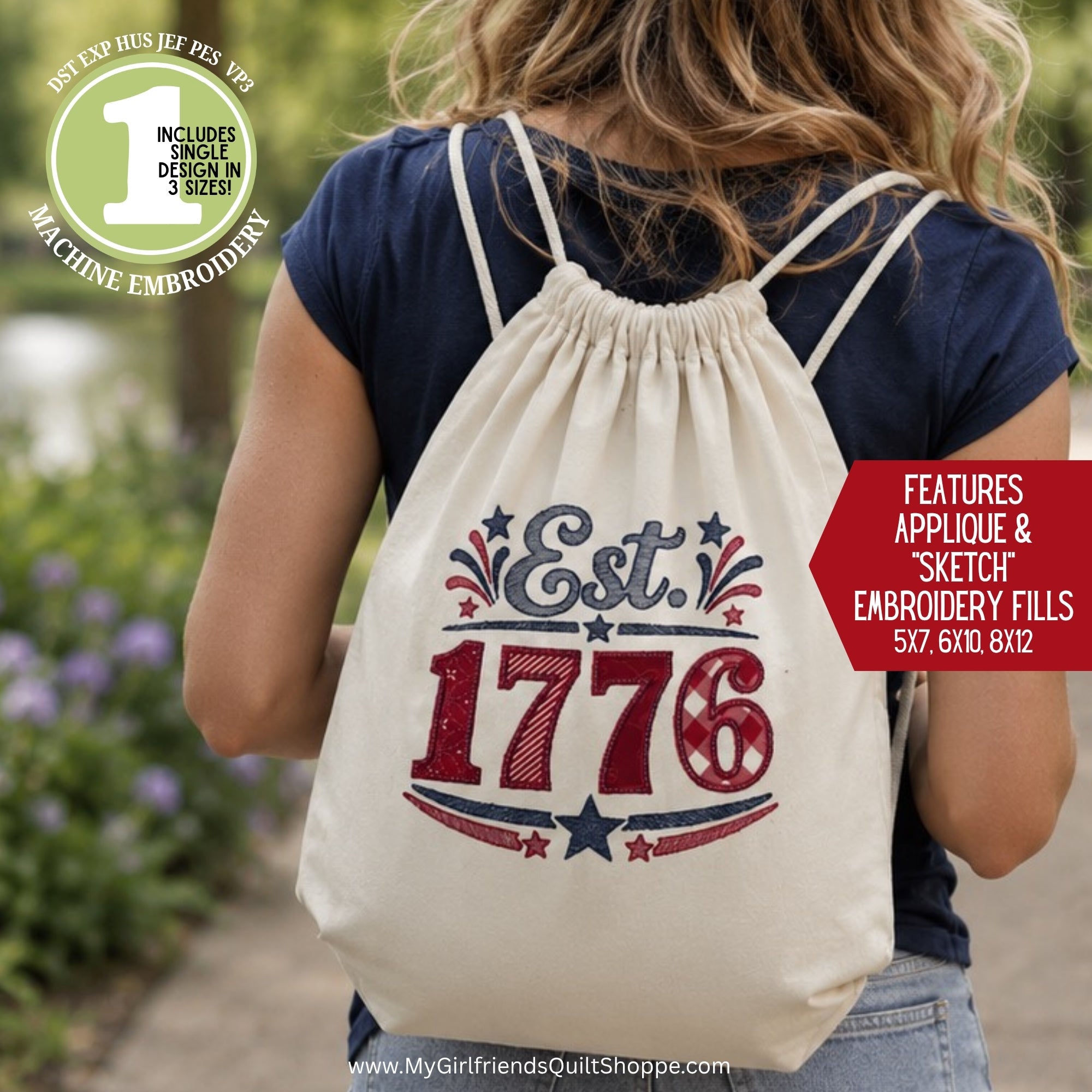 Person wearing a drawstring bag with 'Est. 1776' design, outdoors.