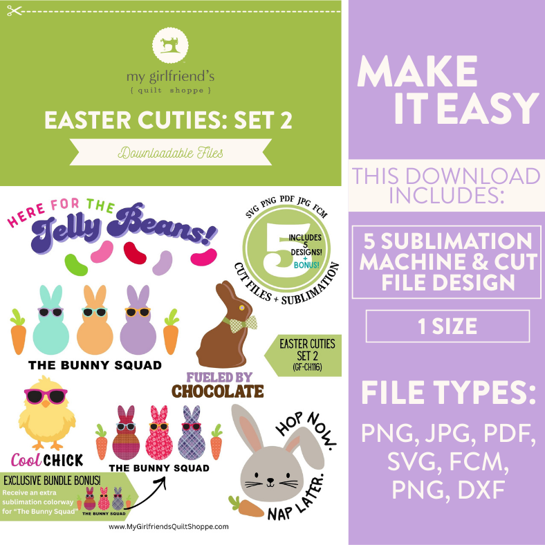 Easter-themed cut file set with graphics and text on a green and purple background.