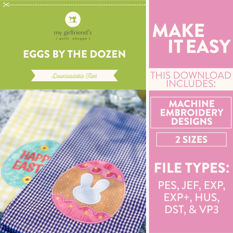 Easter-themed machine embroidery design download with bunny and 'Happy Easter' text on a checkered fabric background.