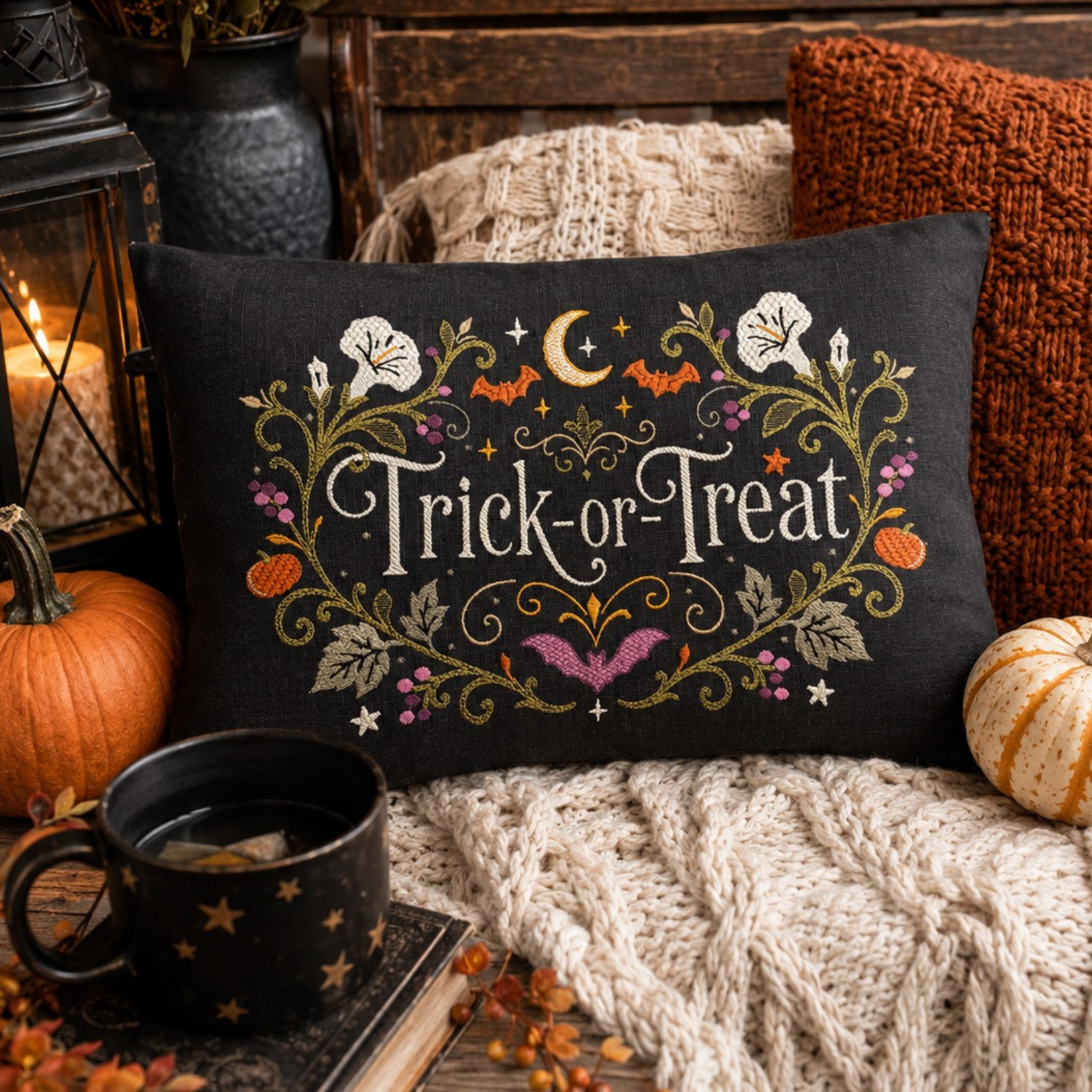 A rectangular black decorative pillow with embroidered 'Trick-or-Treat' text and autumn motifs, styled on a knit blanket with pumpkins, a mug, and a lantern in a cozy fall setting.