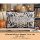 A rectangular embroidered decorative pillow with a Halloween 'Trick-or-Treat' design, displayed on a table with pumpkins and warm blurred background lights. Text at the bottom reads 'Enchanted Halloween - Design 1: Trick-or-Treat' with size options and the website MyGirlfriendsQuiltShop.