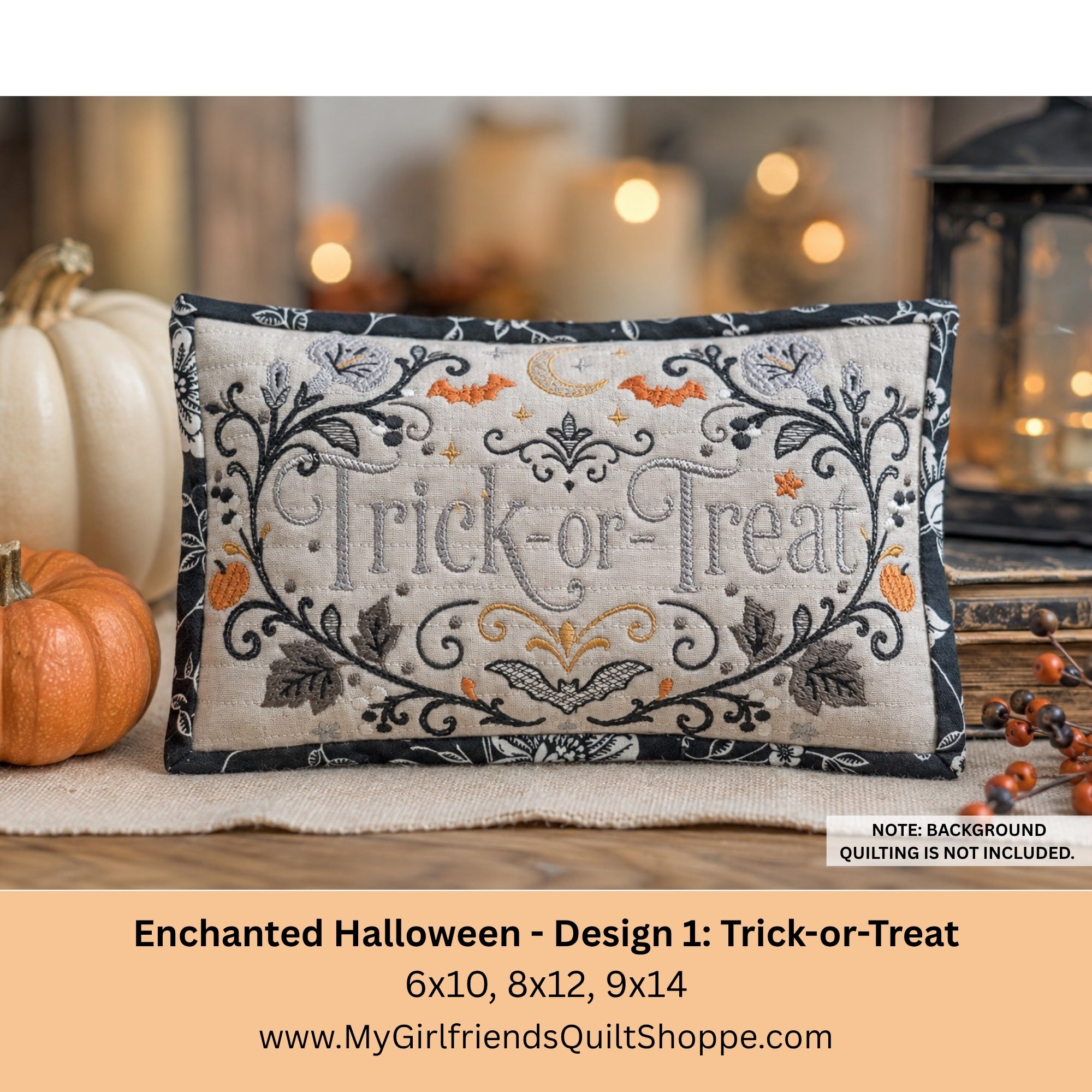 A rectangular embroidered decorative pillow with a Halloween 'Trick-or-Treat' design, displayed on a table with pumpkins and warm blurred background lights. Text at the bottom reads 'Enchanted Halloween - Design 1: Trick-or-Treat' with size options and the website MyGirlfriendsQuiltShop.