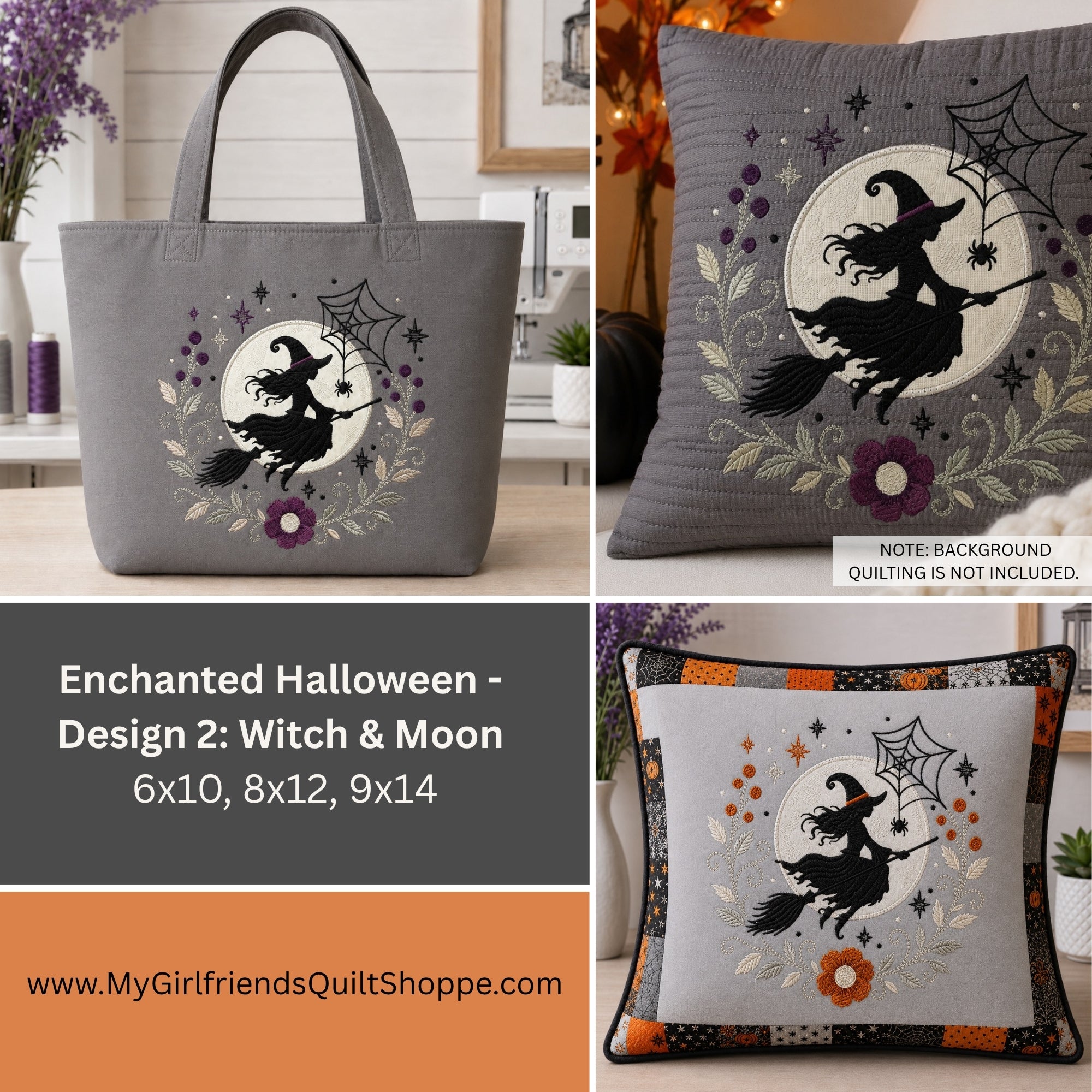 A 4-panel collage showing a gray fabric tote bag and two pillow variants with a witch riding a broomstick in front of a moon, decorated with spiderwebs, flowers, and leaves. Text reads 'Enchanted Halloween - Design 2: Witch & Moon' with size options, and the website 'www.
