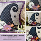 A collage showing a Halloween-themed embroidered pillow design called 'Witch Hat' from Enchanted Halloween. The main pillow on the left shows a large witch hat silhouette in dark navy plaid with a black spiral, a small black spider, and embroidered flowers in purple, pink, orange, and white.