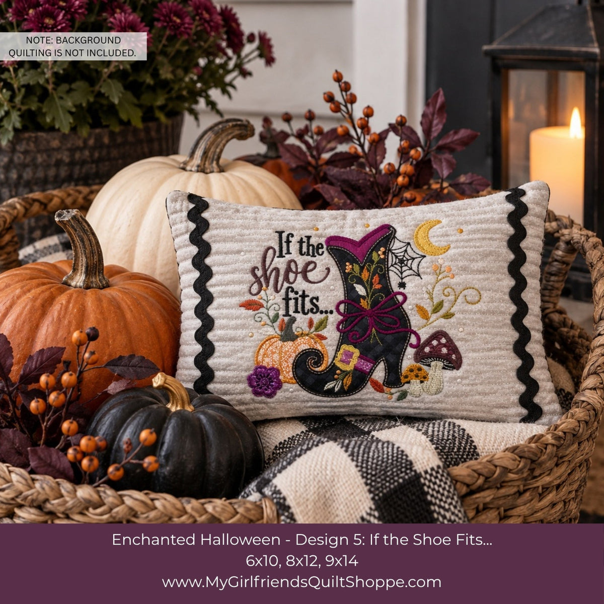 A decorative square throw pillow displayed in a woven basket with pumpkins, fall foliage, and a candle. The pillow has a cream fabric background with black scalloped trim and an embroidered Halloween design featuring a black boot, purple bow, mushrooms, spiderwebs, and the text 'If the shoe fits.