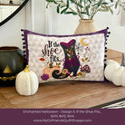 A decorative rectangular quilted pillow displayed on a wooden table in a styled home setting. The pillow features a Halloween-themed design with the text 'If the shoe fits.