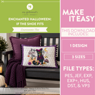 Promotional graphic for a downloadable quilting design titled 'Enchanted Halloween: If the Shoe Fits' by my girlfriend's quilt shoppe. The left side shows a finished quilted pillow with a witch and pumpkin design, styled on a bench with purple pillows and a knit blanket.