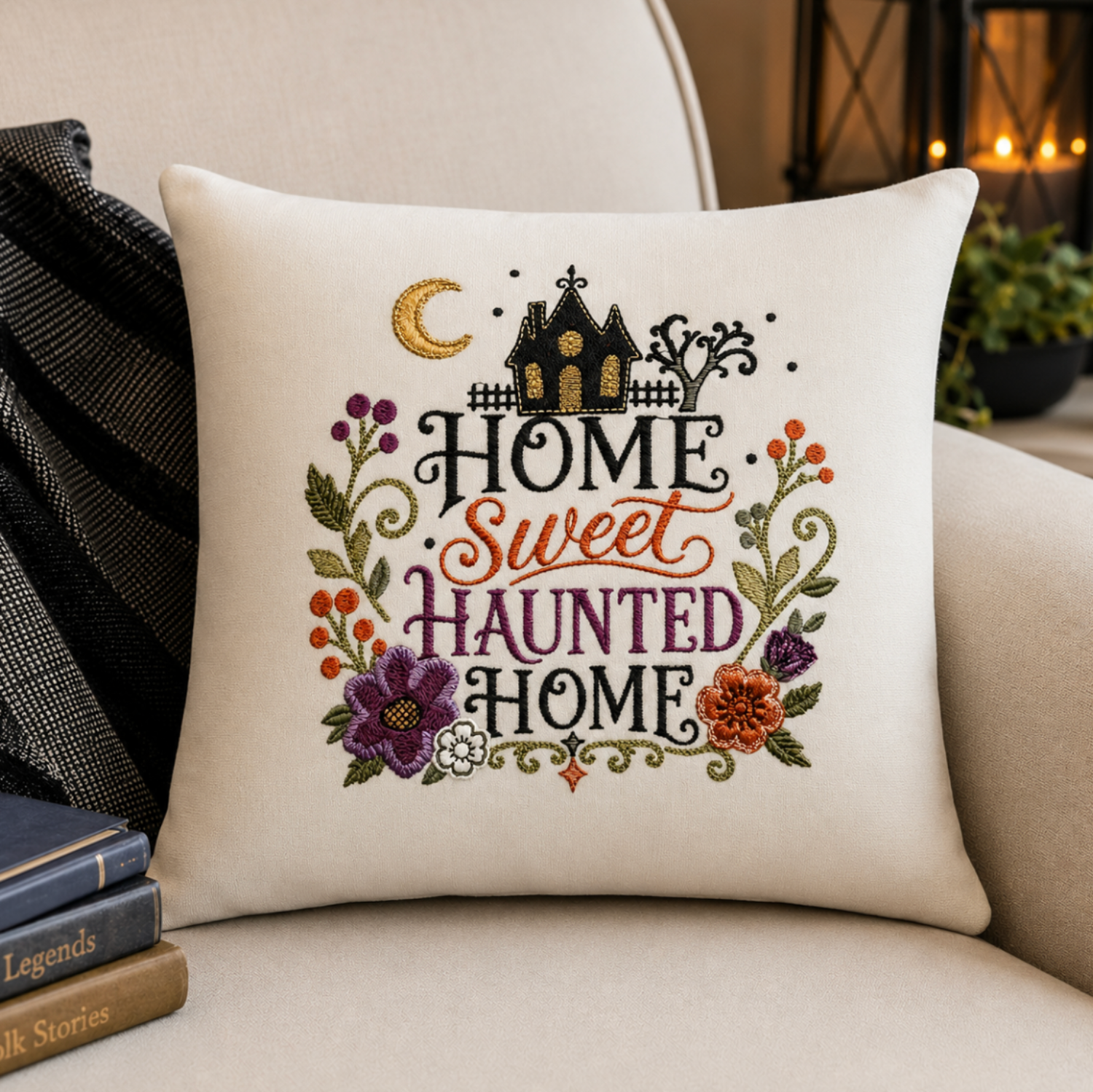 A square cream throw pillow with a colorful embroidered 'Home Sweet Haunted Home' design, styled on a beige armchair next to a black patterned throw blanket and books.