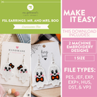 Promotional graphic for a downloadable embroidery file set titled 'FSL Earrings: Mr. and Mrs.