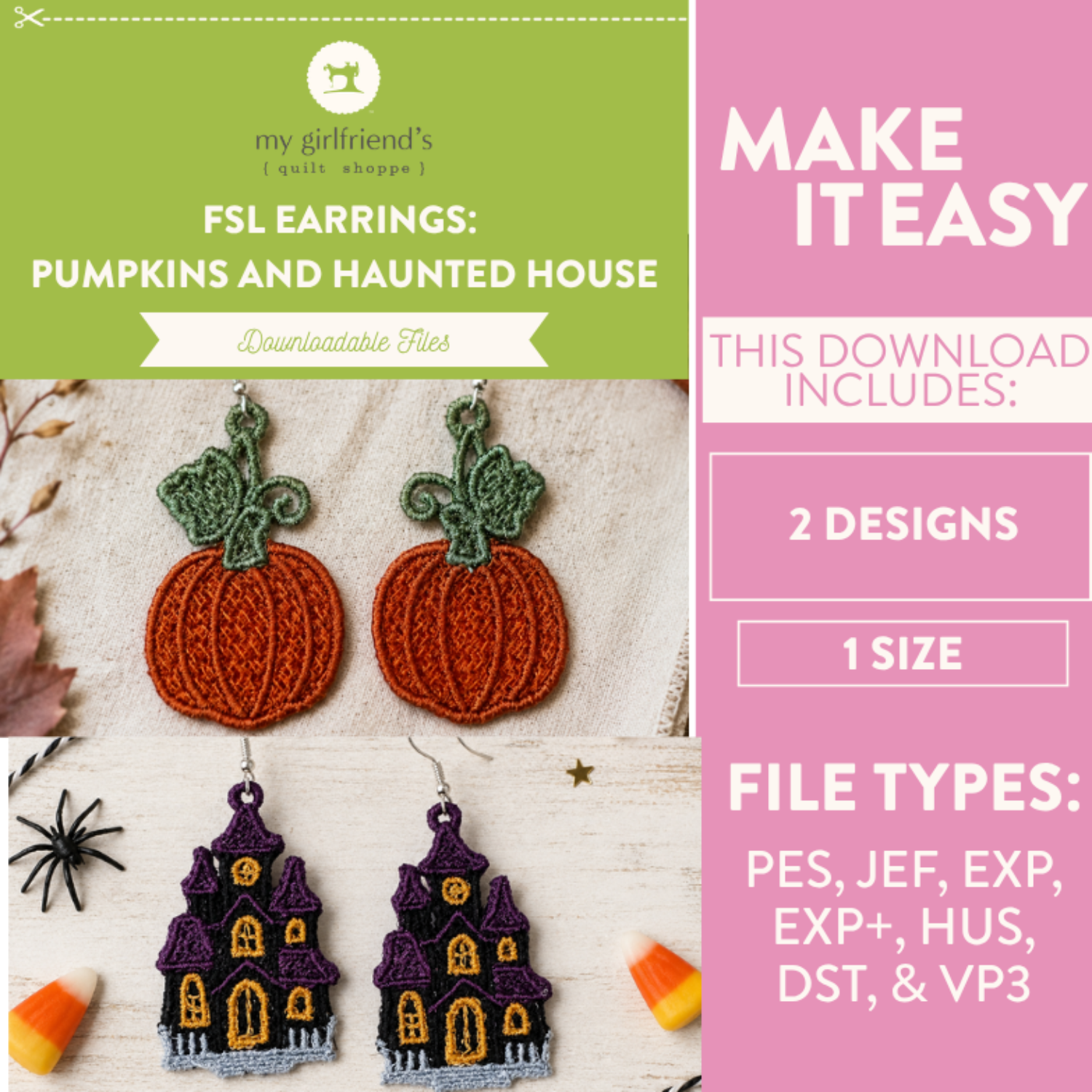 Promotional graphic for a downloadable FSL embroidery pattern titled 'Pumpkins and Haunted House' by my girlfriend's quilt shop. The left side shows two embroidered patch designs: orange pumpkins with green tops and purple haunted houses with yellow windows.