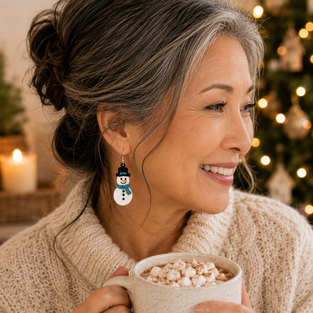 A smiling older woman in a cream knit sweater holds a mug of hot cocoa topped with marshmallows, wearing a small snowman dangle earring in a cozy holiday setting with blurred lights in the background.