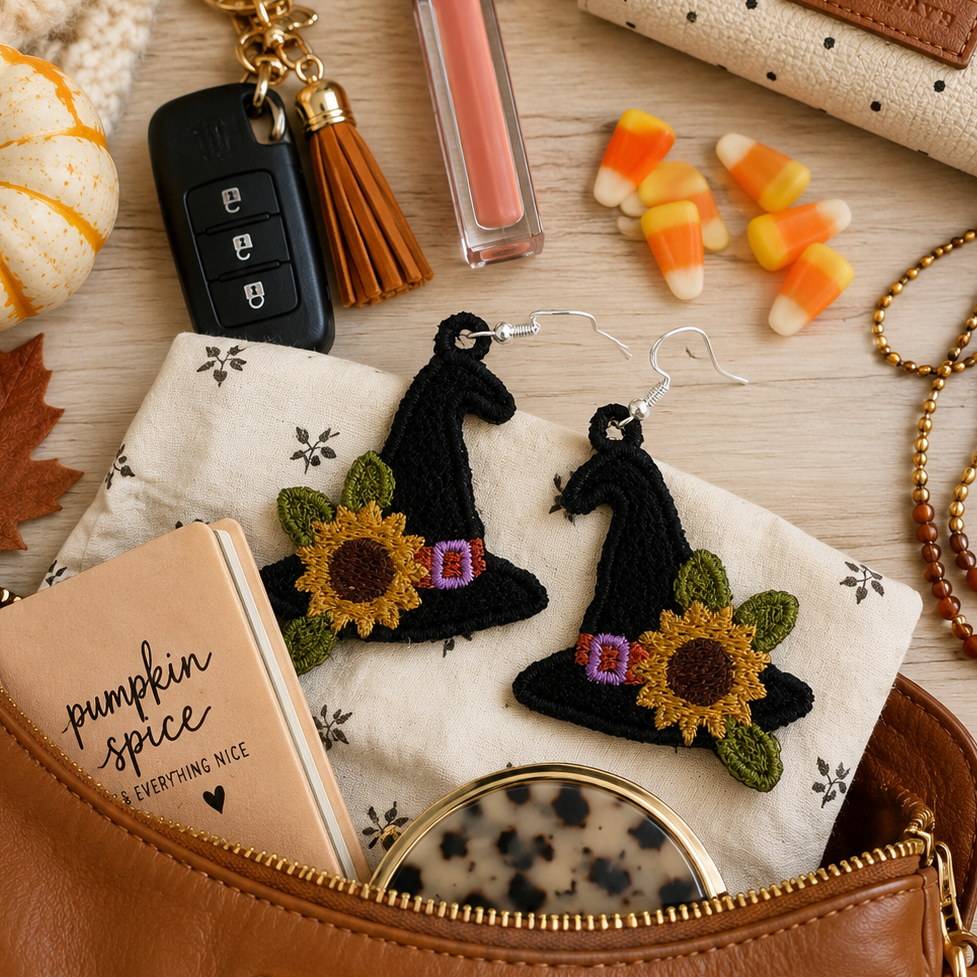 A styled flat-lay of a brown faux-leather handbag filled with fall-themed accessories, including witch hat earrings with sunflower details, a lip gloss tube, a polka-dot pouch, candy corn, a small pumpkin, and a key fob on a light wood surface.