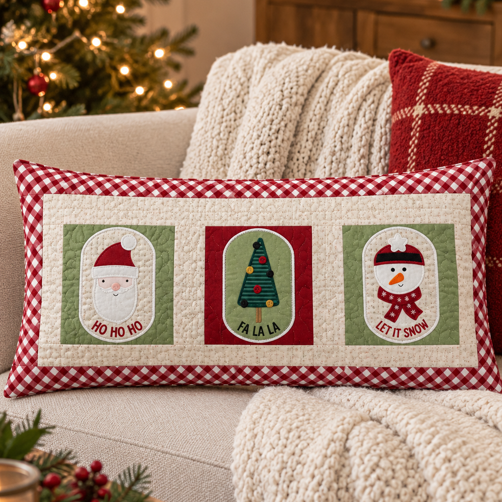 A rectangular Christmas throw pillow with a red and white gingham border and three central holiday panels showing Santa, a Christmas tree, and a snowman, styled on a beige couch with a knit blanket in a cozy living room setting.