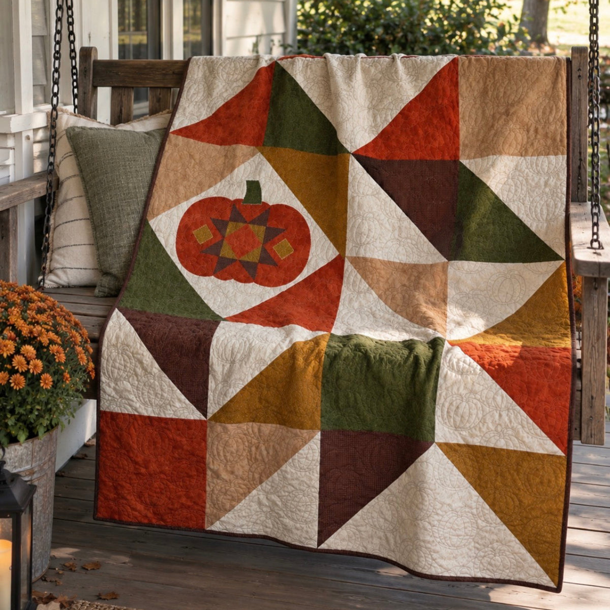 A quilted patchwork blanket with an autumn pumpkin design is draped over a wooden porch swing. The quilt features geometric triangles in orange, rust, olive green, mustard yellow, cream, and dark brown, with a central pumpkin motif.