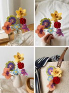 Collage of colorful felt flowers in various settings.