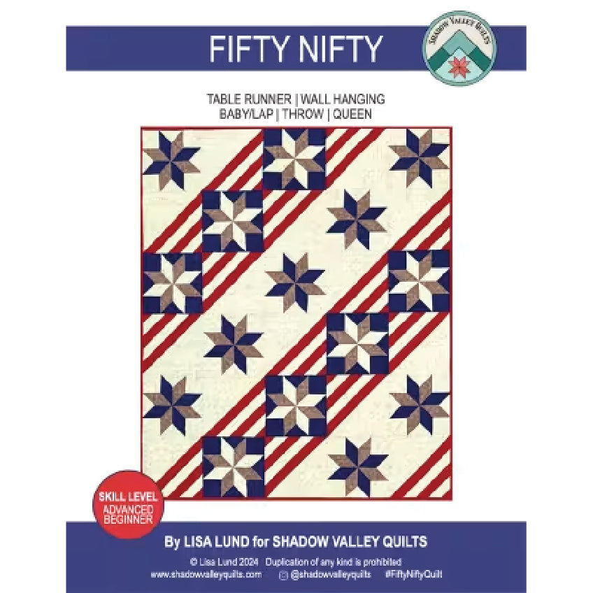 Fifty Nifty quilt pattern cover by Lisa Lund for Shadow Valley Quilts, featuring a patriotic table runner design with red and white diagonal stripes and blue star motifs on a white background.