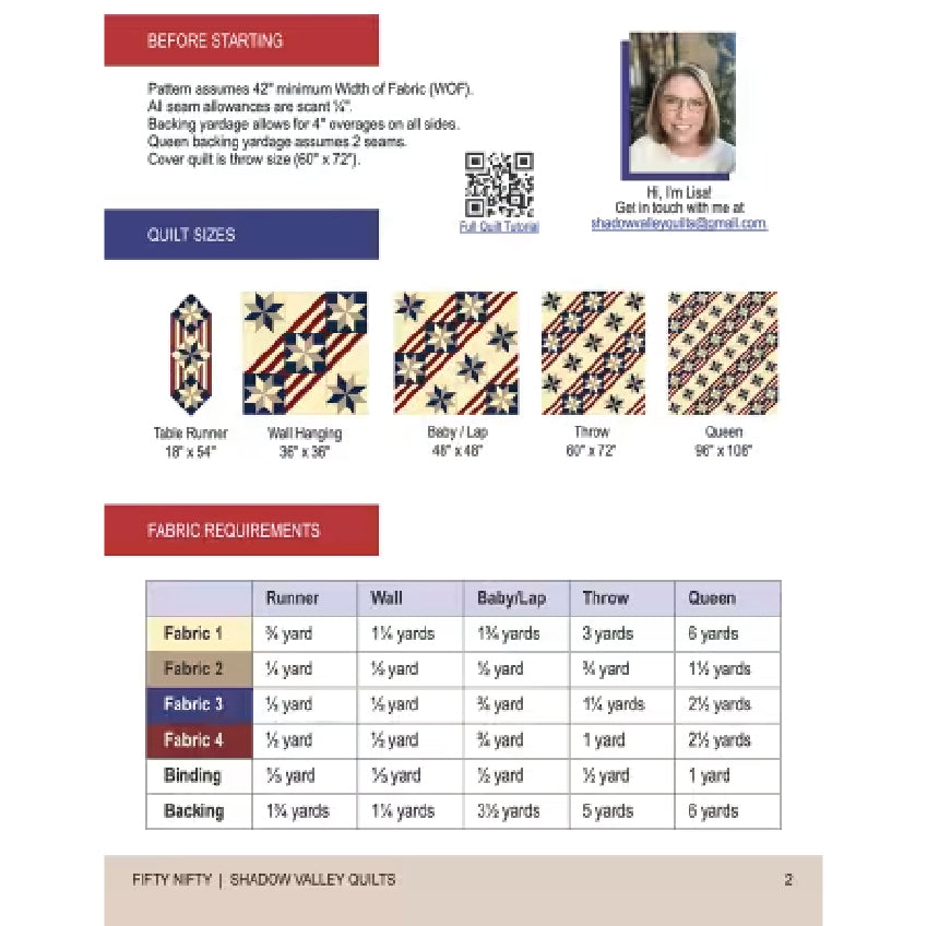 A printed informational sheet for Shadow Valley Quilts showing fabric requirements and quilt sizes. The page includes a small portrait photo of the seller, a QR code, a section labeled 'Before Starting' with pattern width information, a 'Quilt Sizes' table with illustrations of different quilt shapes, and a 'Fabric Requirements' reference chart.