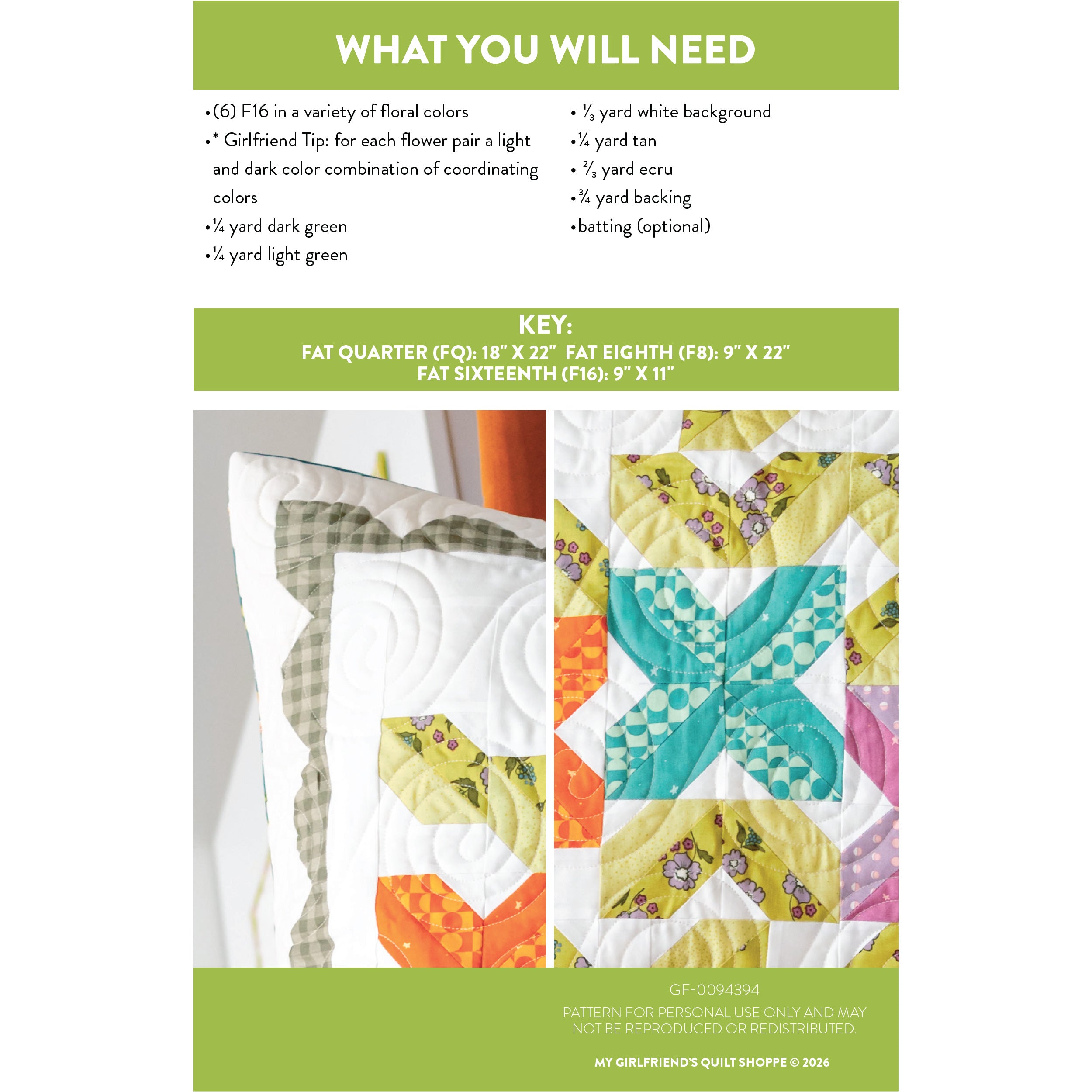 Quilt pattern with fabric requirements and a key for different fabric types on a white background.