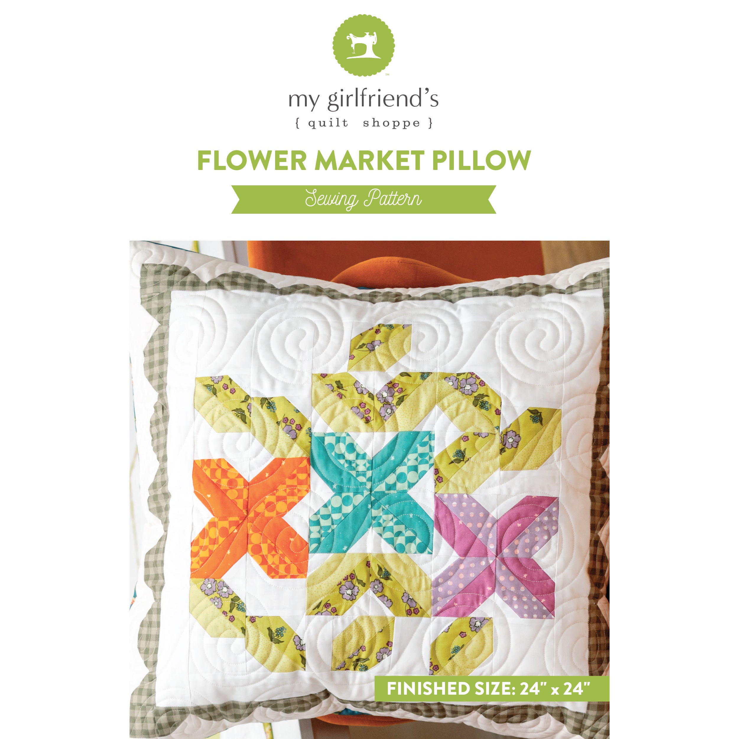 Flower Market Pillow sewing pattern packaging with colorful pillow design on a white background.