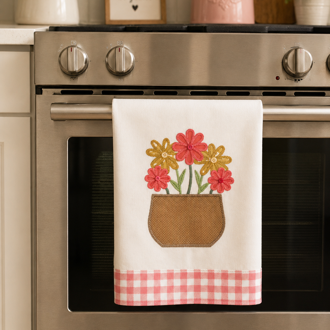 A white kitchen towel with a floral pot design and pink gingham hem hanging on a stainless steel oven handle in a decorated kitchen.