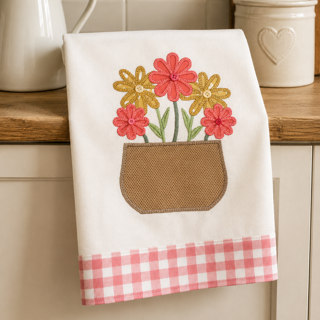A white kitchen towel with a floral patch design in a pot and a pink-and-white gingham border, hanging on a wooden countertop in a kitchen setting.