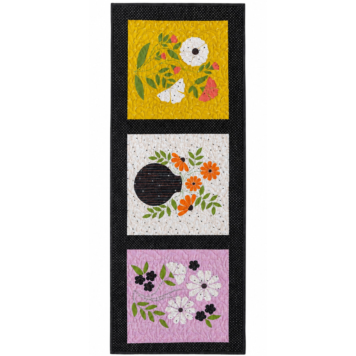 Three floral patterns on a black background