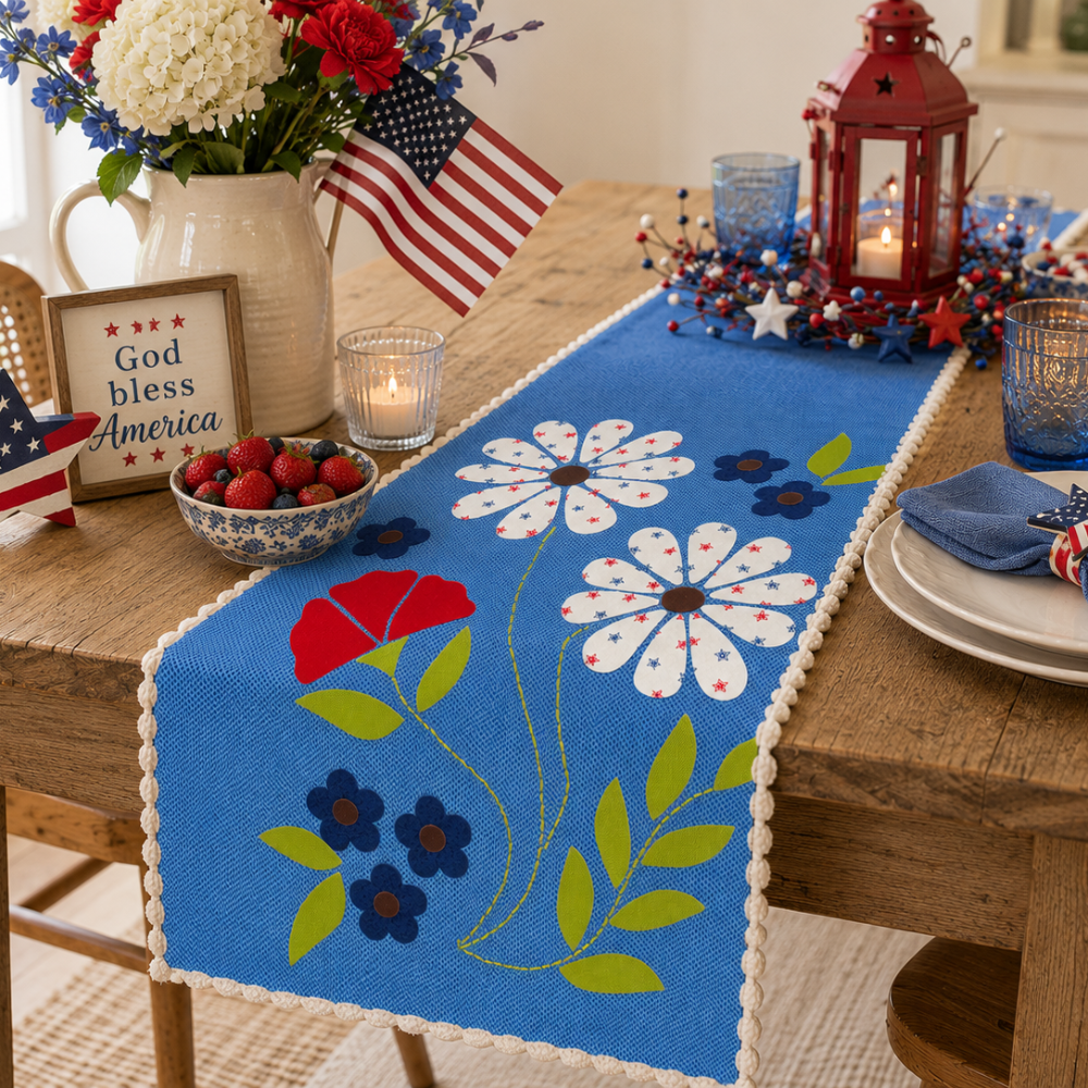 Decorative table setting with a floral table runner, candles, and American flags on a wooden table.