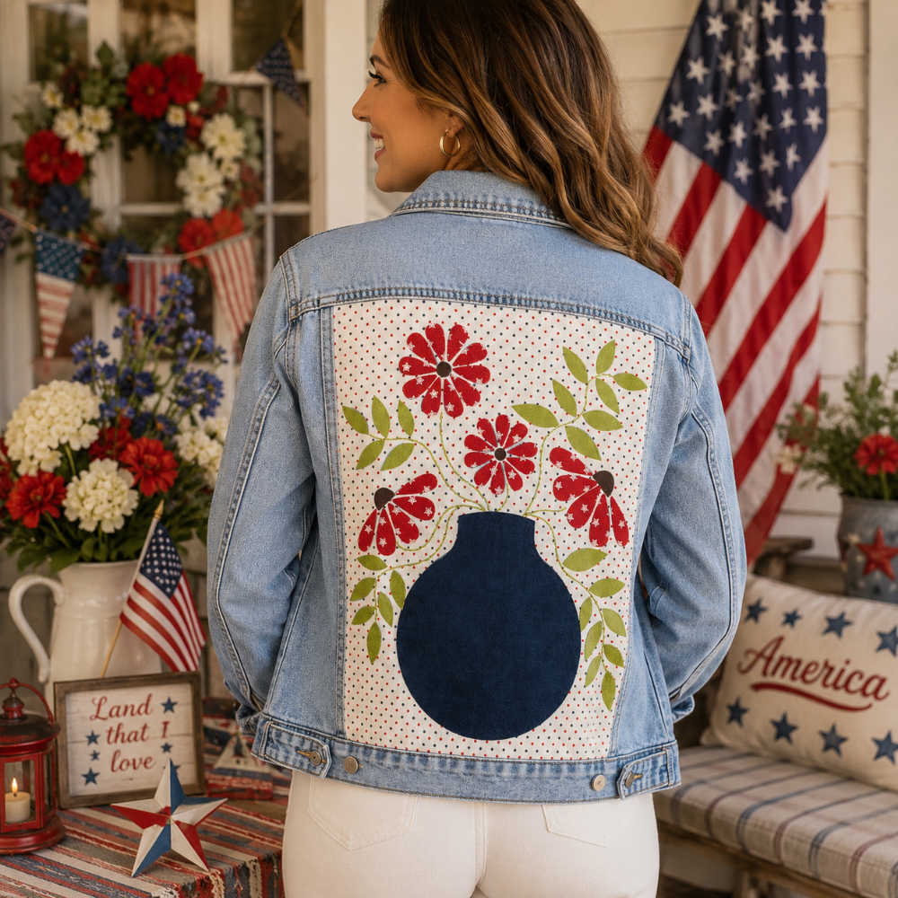 Woman wearing a denim jacket with floral embroidery in a patriotic setting.