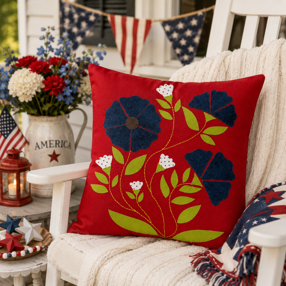 Decorative pillow with floral design on a chair with American flag decorations.