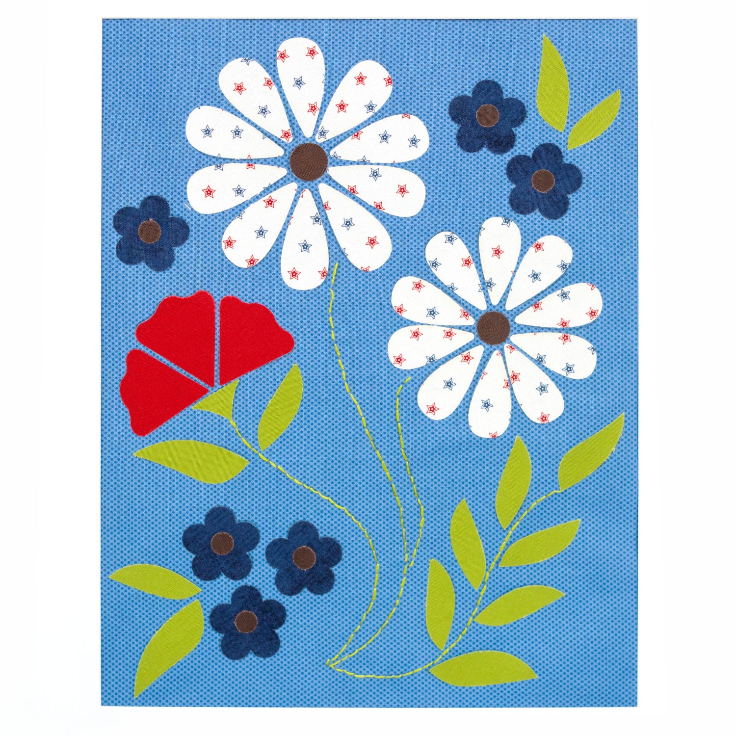 Floral design with white flowers, blue and red elements on a blue background