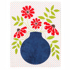 Decorative design with a blue vase, red flowers, and green leaves on a white background with red polka dots.
