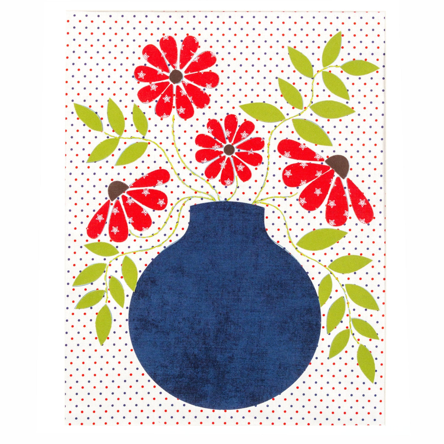 Decorative design with a blue vase, red flowers, and green leaves on a white background with red polka dots.