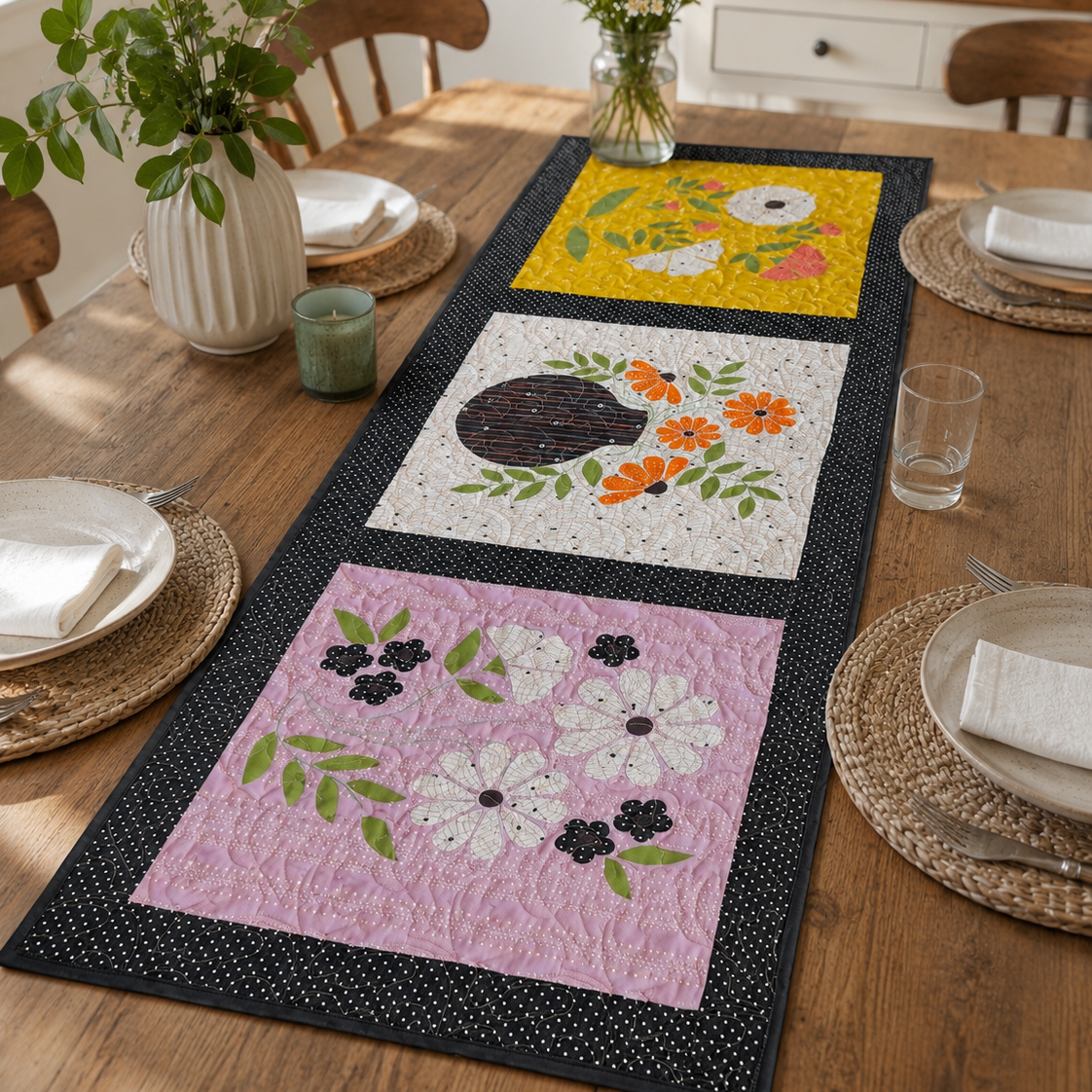 Decorative table runner with floral patterns on a wooden dining table.