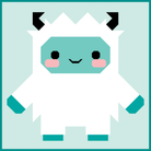 A stylized pixel-art yeti centered on a pale mint background, with a white body, teal face and accents, pink cheeks, and black eyes and ears.