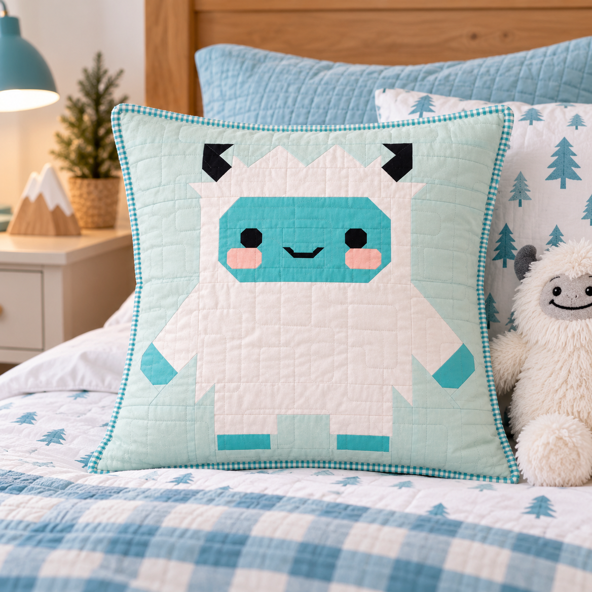 A square quilted throw pillow featuring a cute, pixel-art style white yeti styled on a child's bed with wooden style 