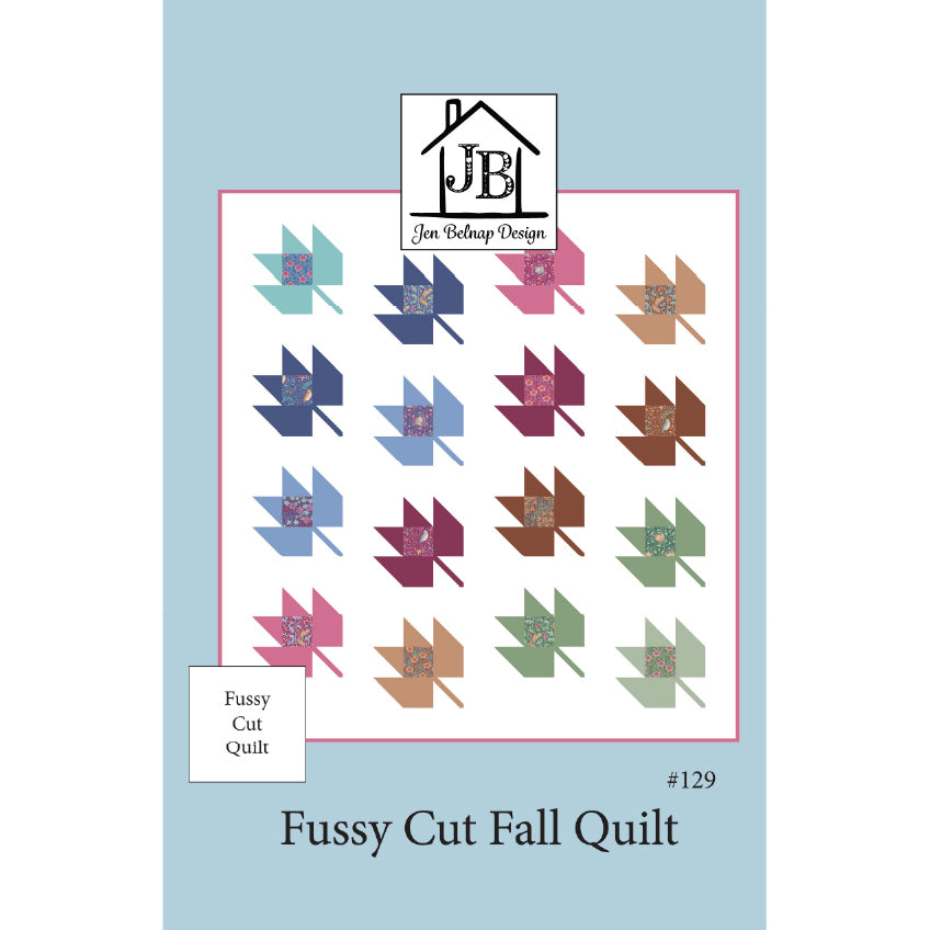Pattern cover for the 'Fussy Cut Fall Quilt' by Jon Bellamy Design, featuring a grid of colorful autumn-themed quilt blocks on a white background with a light blue border.
