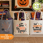 Three tote bags filled with sewing and quilting supplies, displayed in a craft room setting. The bags feature Halloween-themed designs: one gray bag with a spiderweb and sewing needle, one cream bag with 'Sew Fa-BOO-Lous!' text, and one cream bag with a haunted project graphic.