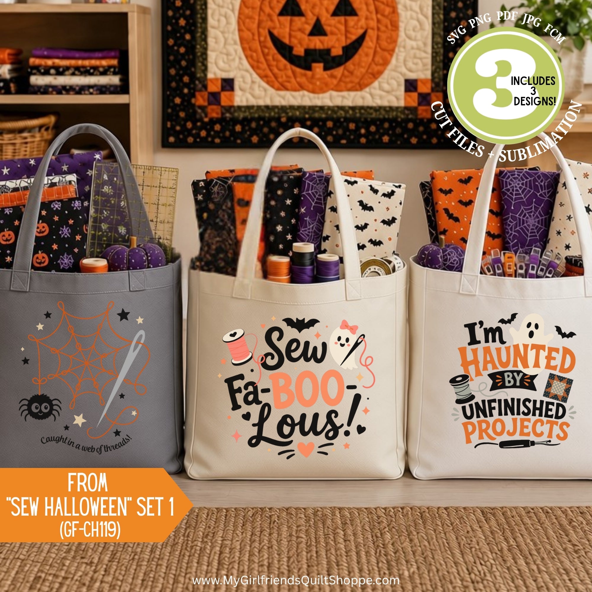 Three tote bags filled with sewing and quilting supplies, displayed in a craft room setting. The bags feature Halloween-themed designs: one gray bag with a spiderweb and sewing needle, one cream bag with 'Sew Fa-BOO-Lous!' text, and one cream bag with a haunted project graphic.