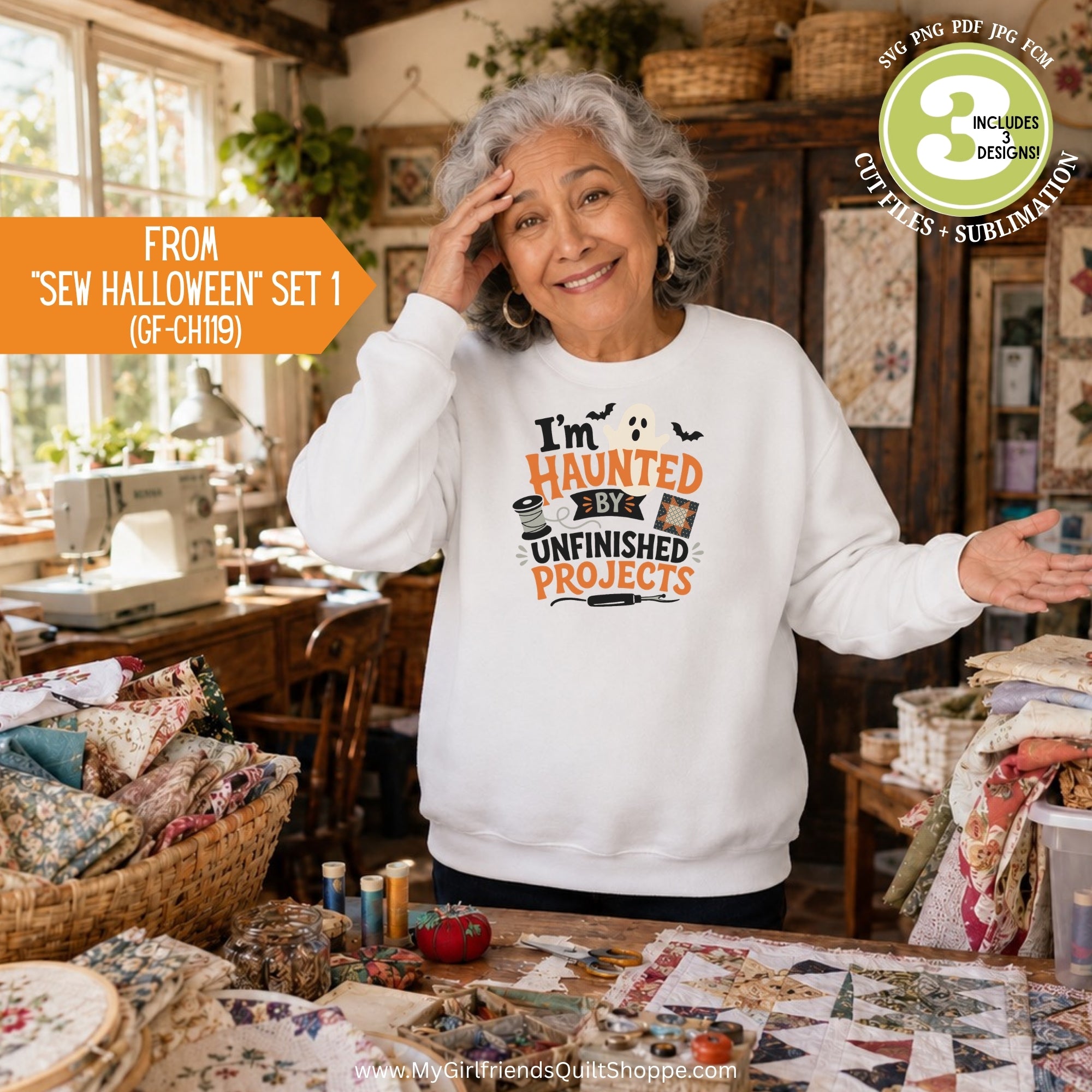An older woman stands in a sewing room wearing a white sweatshirt with a colorful graphic that reads, 'I'm Haunted by Unfinished Projects.' The scene includes quilting supplies, fabric baskets, and a wooden cabinet in the background.