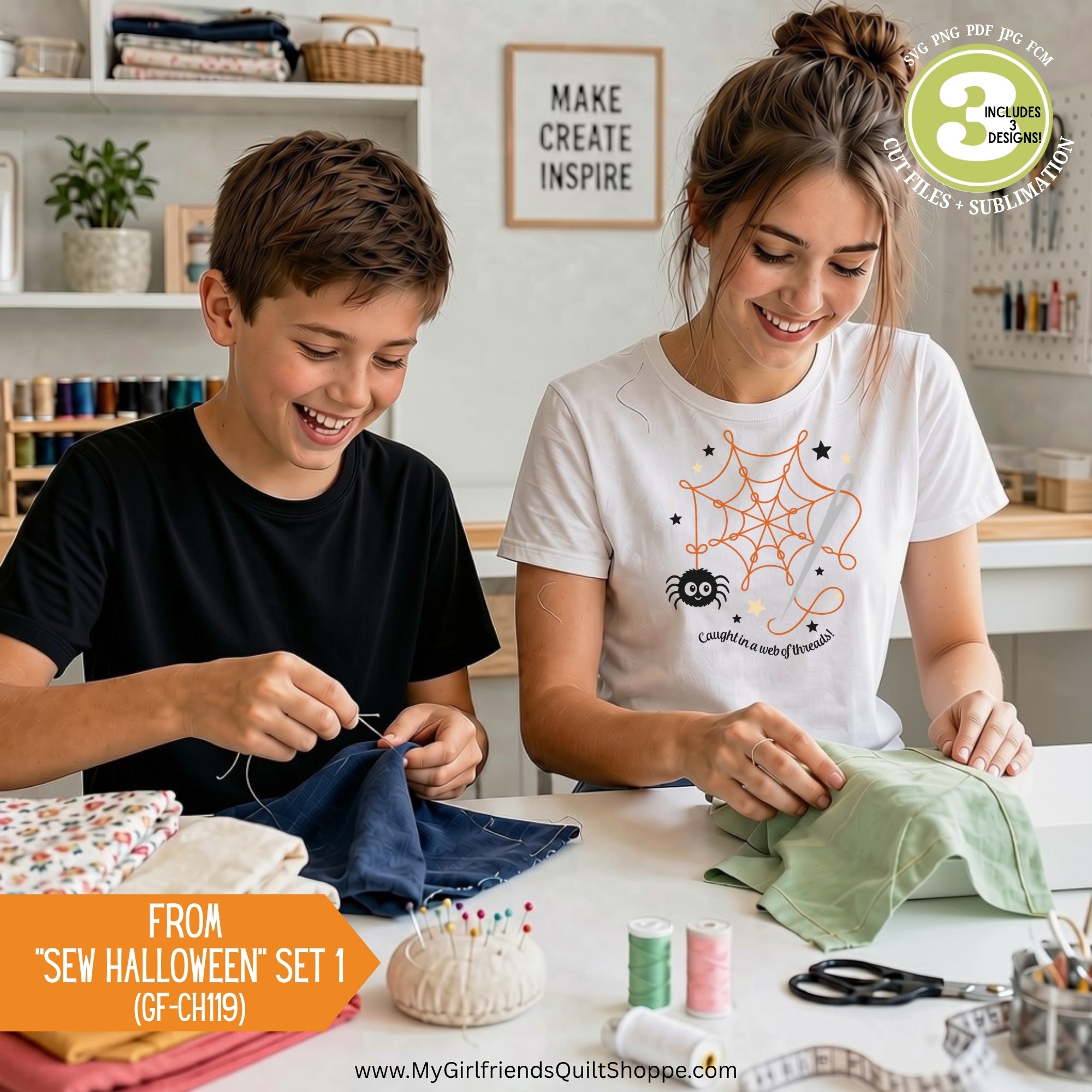 A boy and a girl are smiling and sewing at a white table in a bright craft room. The girl is wearing a white t-shirt with an orange spiderweb and spider graphic that reads 'Complete and Proper'.