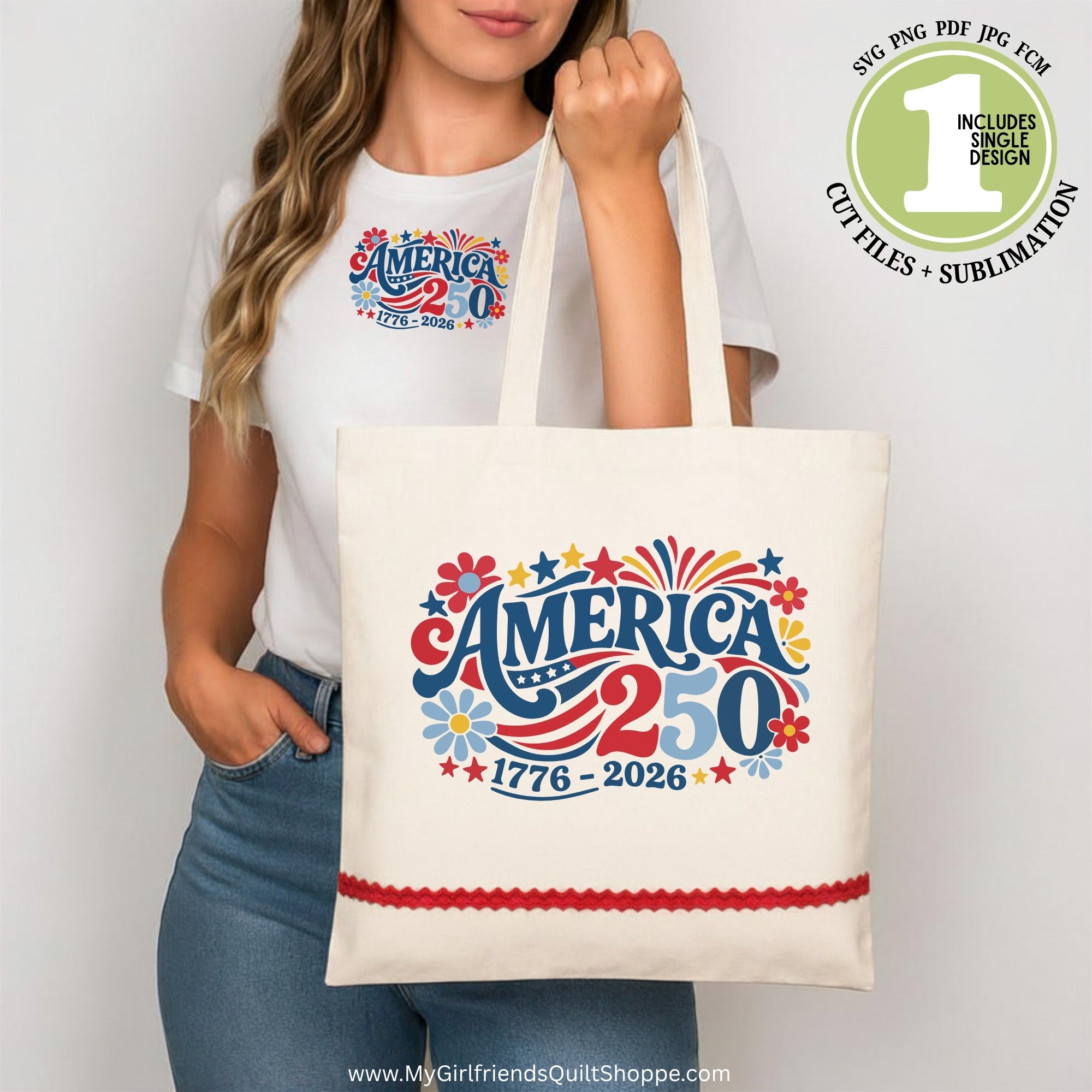 Person holding a tote bag with 'America 250' design, wearing a matching t-shirt.