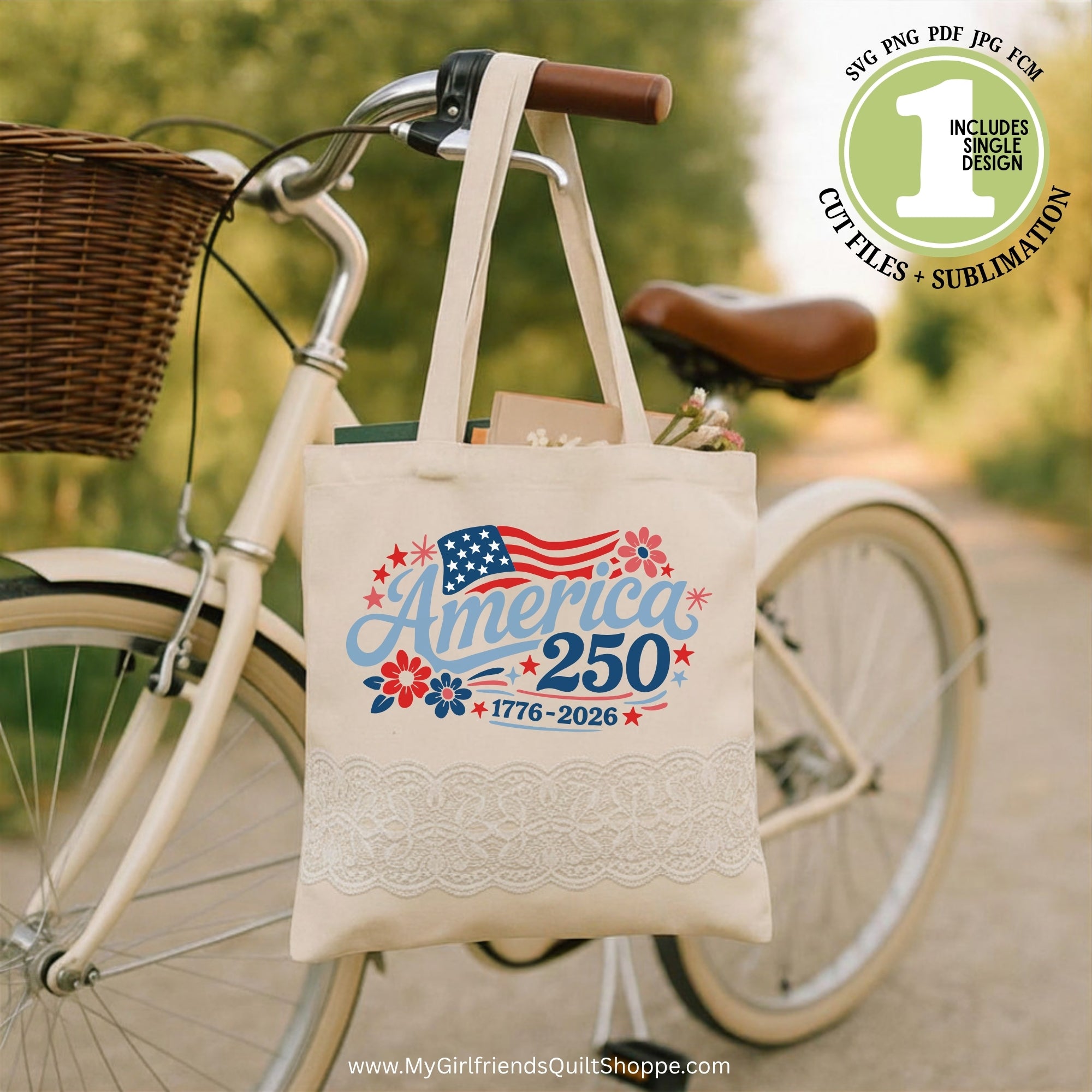 Tote bag with 'America 250' design attached to a bicycle with a blurred natural background