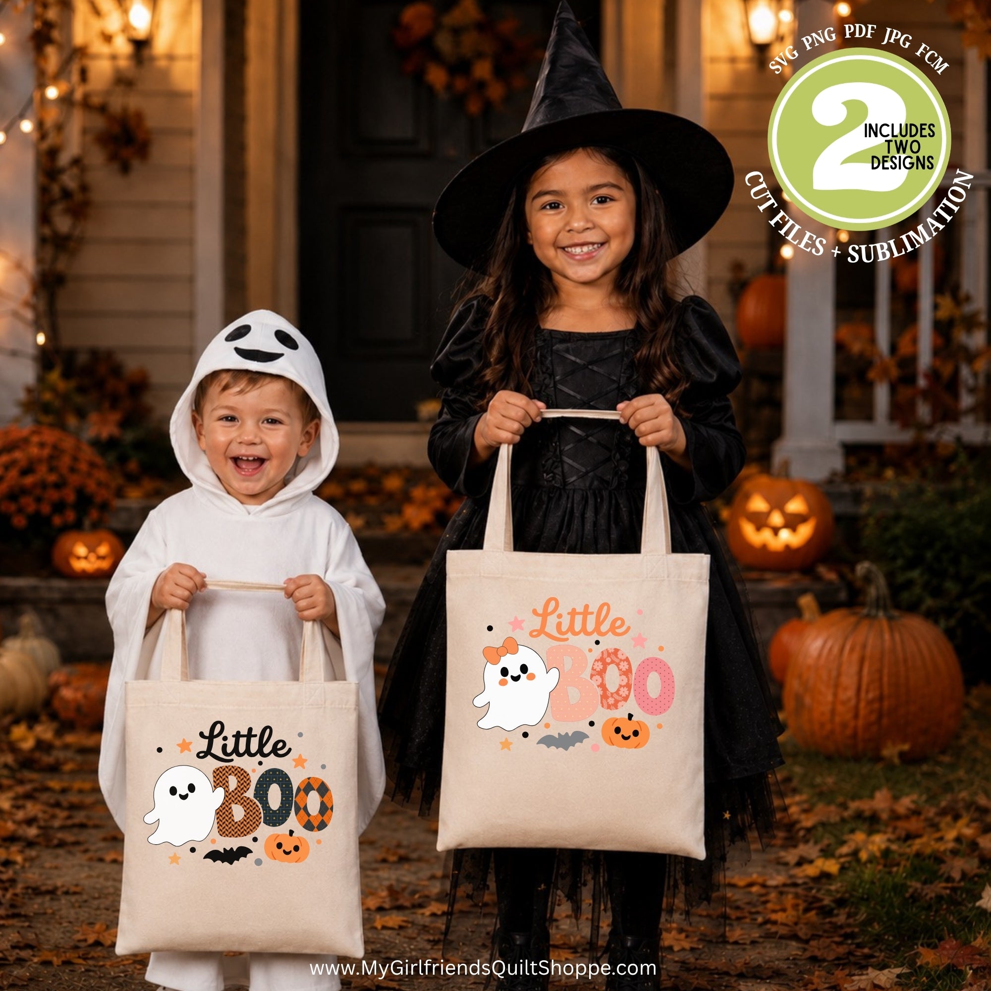 Two children in Halloween costumes holding canvas tote bags with 'Little Boo' and ghost graphics, posed in front of a decorated front porch with pumpkins. A green circular badge in the top right says the file includes two designs and cut files, with a website watermark at the bottom.