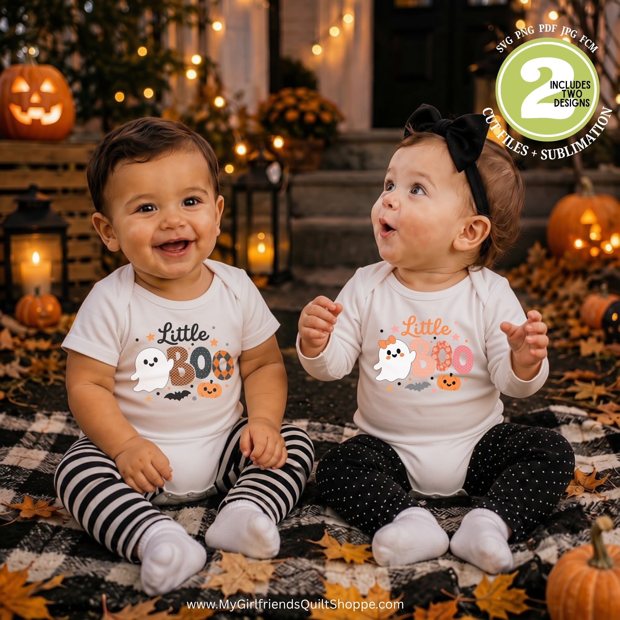 Two babies sitting on a plaid blanket outdoors in a Halloween setting, wearing matching white bodysuits with 'Little BOO' graphics. One baby wears black-and-white striped leggings and the other wears black polka-dot leggings.
