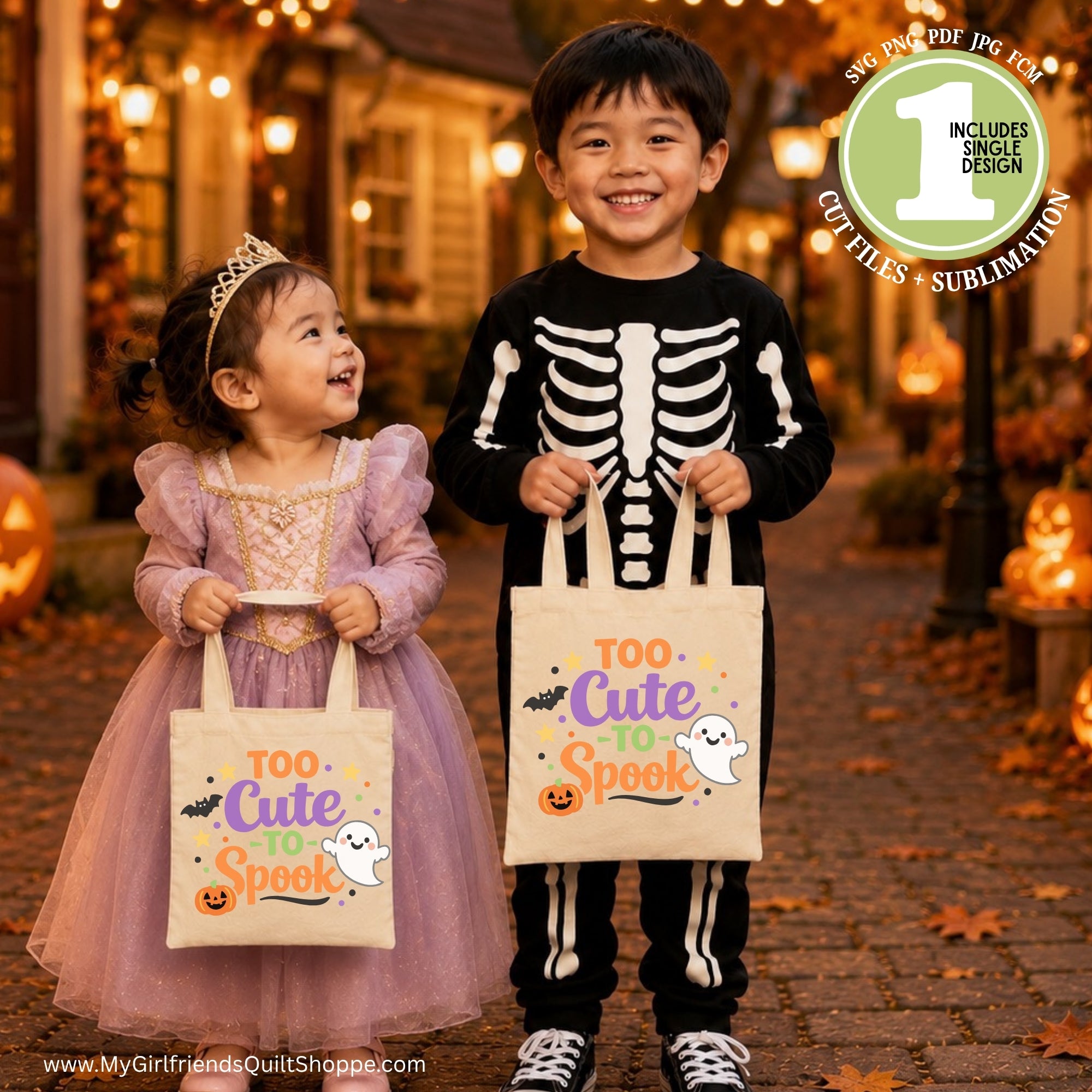 A young child in a skeleton costume and a toddler in a lavender princess dress stand outdoors at night holding matching tote bags printed with the phrase 'Too Cute to Spook' and Halloween graphics. The scene is warmly lit by string lights and pumpkins, and a circular badge in the top right says the file includes one design and cut files/sublimation.