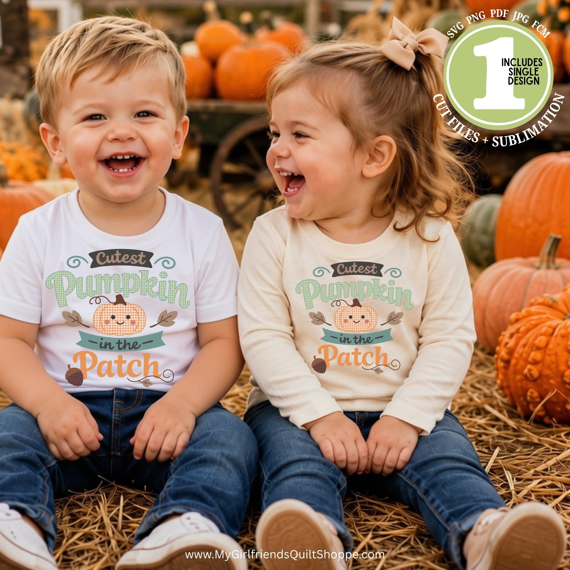 Two young children sitting on straw in a pumpkin patch setting, wearing matching white long-sleeve graphic shirts that read 'Cutest Pumpkin in the Patch' with a pumpkin illustration. A green circular badge in the top right says the file includes single design, cut files, and sublimation.