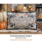 A rectangular embroidered decorative pillow with a Halloween 'Trick or Treat' design, styled on a table with pumpkins and warm bokeh lights in the background. Text below reads 'Enchanted Halloween: Design 1: 6x10, 8x12, 9x14' with the website 'www.